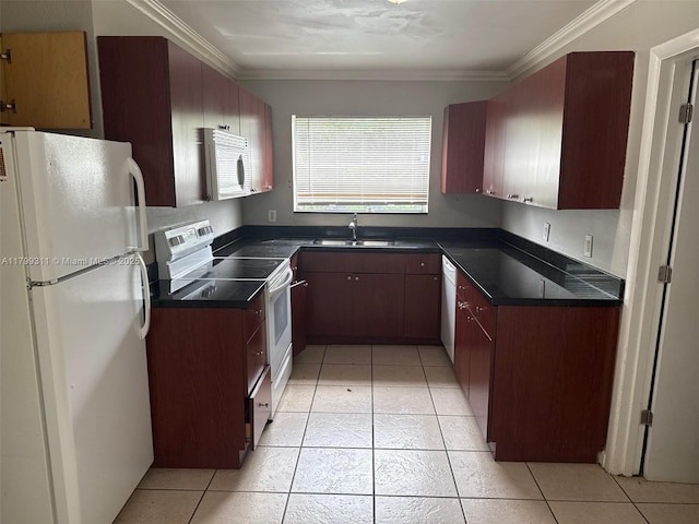 4920 NW 11th St, Lauderhill, FL 33313 - kitchen with white appliances, a sink, dark countertops, ornamental molding, and light tile patterned floors