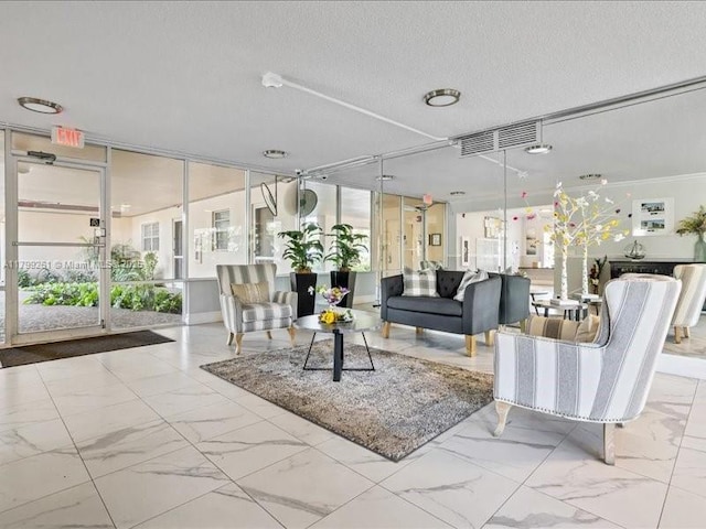 building lobby with a textured ceiling