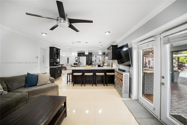 17514 SW 82nd Ct, Palmetto Bay, FL 33157 - living area featuring ceiling fan, crown molding, recessed lighting, and light tile patterned floors