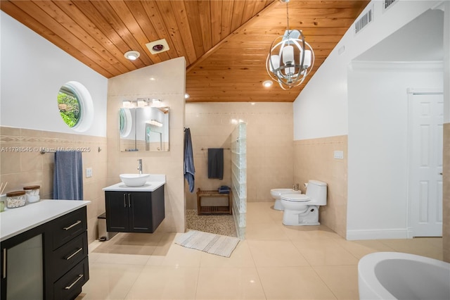full bath with tile walls, a bidet, tile patterned floors, wood ceiling, and a wainscoted wall