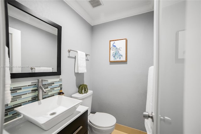 17514 SW 82nd Ct, Palmetto Bay, FL 33157 - half bathroom with decorative backsplash, vanity, and ornamental molding