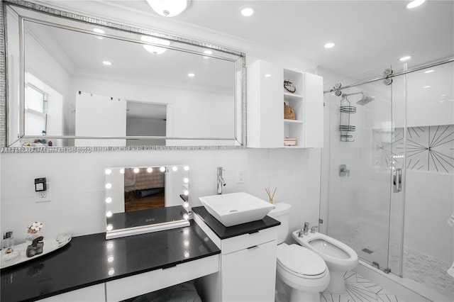 17514 SW 82nd Ct, Palmetto Bay, FL 33157 - full bath with a bidet, a shower stall, vanity, recessed lighting, and decorative backsplash