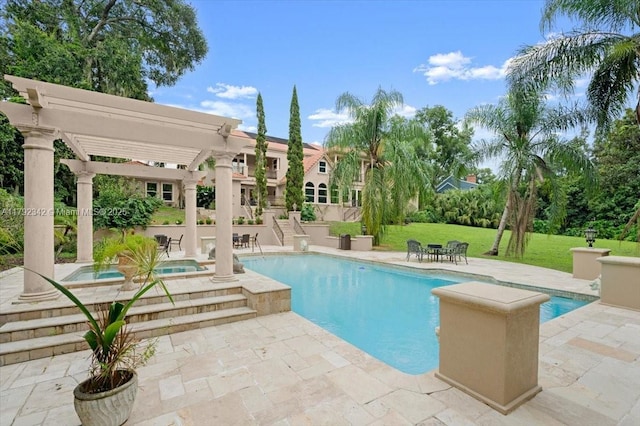 12 Tidewater Dr, Ormond Beach, FL 32174 - outdoor pool featuring an in-ground hot tub, a pergola, a lawn, and a patio area