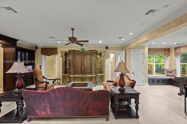 12 Tidewater Dr, Ormond Beach, FL 32174 - tiled living room with ceiling fan, recessed lighting, and crown molding