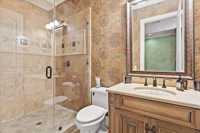 12 Tidewater Dr, Ormond Beach, FL 32174 - full bath with toilet, a stall shower, vanity, and ornamental molding