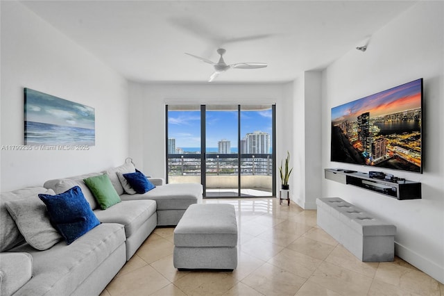3400 NE 192nd St Unit Ph11, Aventura, FL 33180 - living room with a ceiling fan, baseboards, and light tile patterned flooring