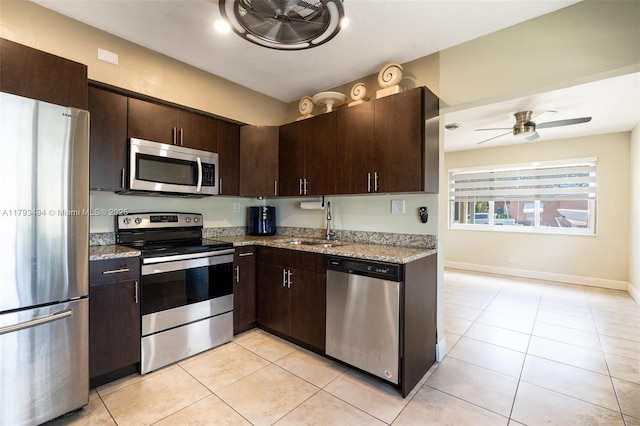 327 S 28th Ave, Hollywood, FL 33020 - kitchen featuring appliances with stainless steel finishes, a sink, ceiling fan, dark brown cabinets, and light tile patterned floors