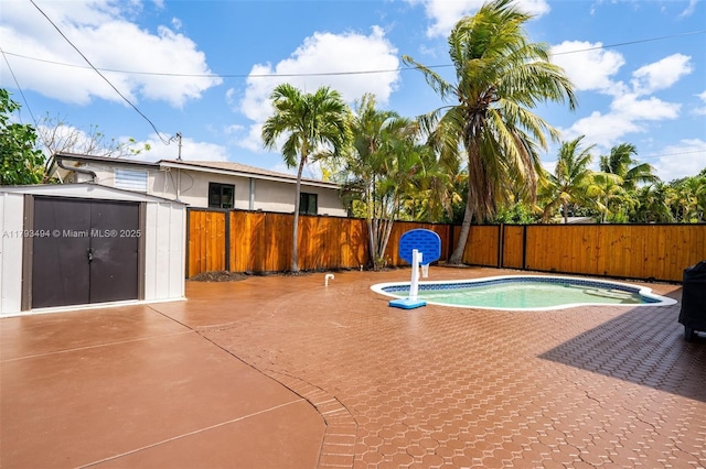 327 S 28th Ave, Hollywood, FL 33020 - view of swimming pool with a storage shed, a patio, a fenced backyard, and an outbuilding
