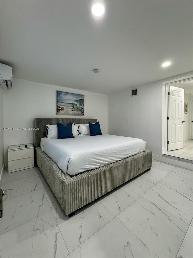 2966 NW 26th St, Miami, FL 33142 - bedroom with marble finish flooring, a wall mounted AC, baseboards, and recessed lighting