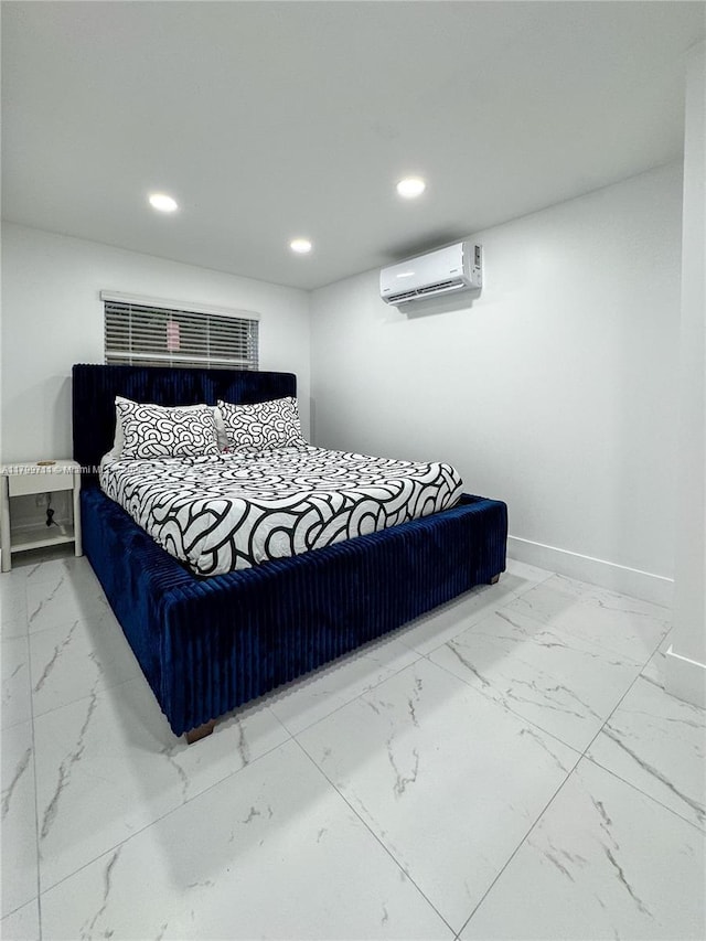 2966 NW 26th St, Miami, FL 33142 - bedroom featuring a wall mounted AC, marble look tiles, recessed lighting, and baseboards