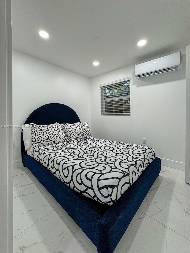 2966 NW 26th St, Miami, FL 33142 - bedroom featuring a wall mounted AC, marble look tile flooring, recessed lighting, and baseboards