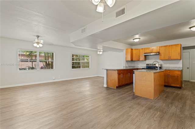 kitchen featuring ceiling fan, stainless steel electric stove, under cabinet range hood, open floor plan, and wood finished floors