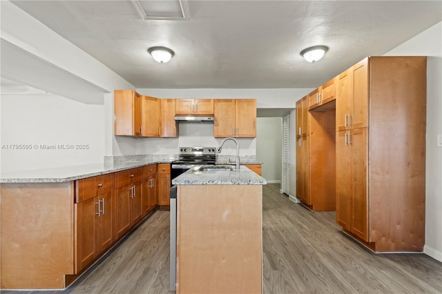 kitchen featuring under cabinet range hood, wood finished floors, a sink, light stone countertops, and a center island with sink