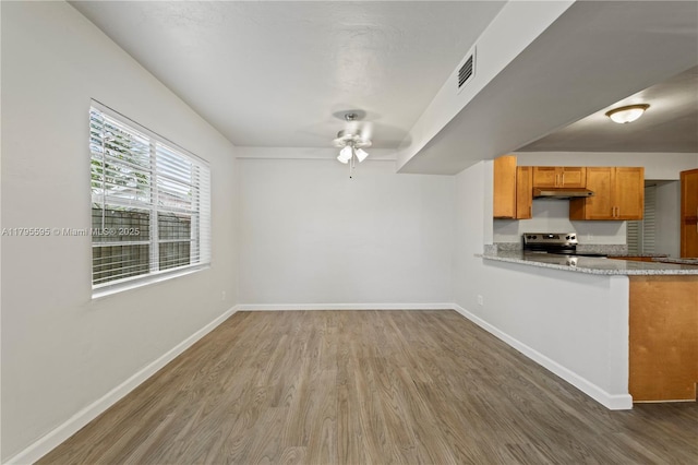 kitchen featuring under cabinet range hood, wood finished floors, electric stove, and a ceiling fan