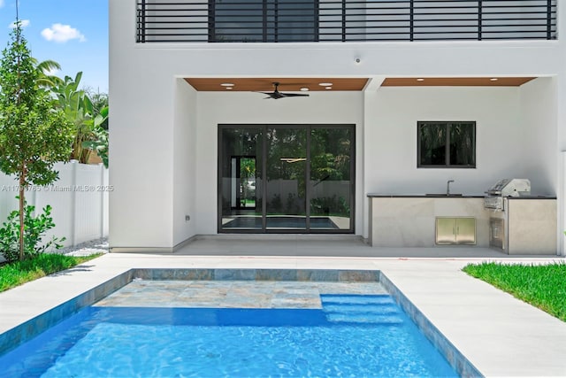 1320 NE 16th Ave, Fort Lauderdale, FL 33304 - view of swimming pool featuring area for grilling, a ceiling fan, fence, a patio, and a grill