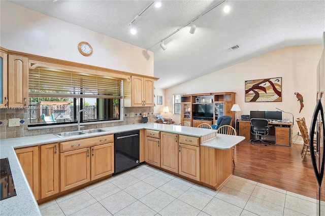 15827 Waverly Mnr, Davie, FL 33331 - kitchen featuring black dishwasher, a sink, light countertops, a peninsula, and decorative backsplash