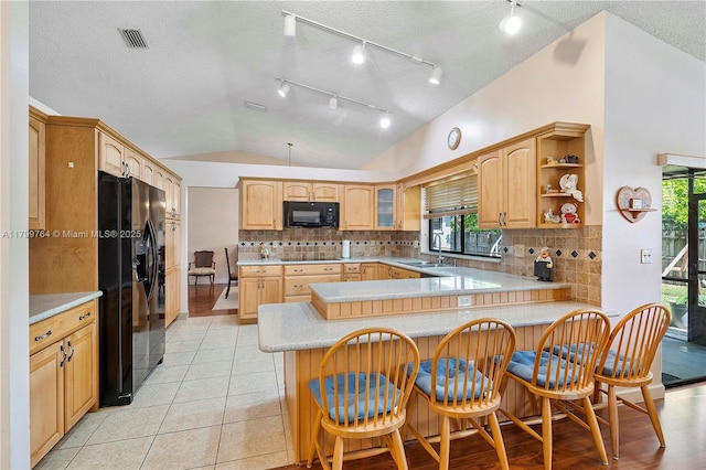 15827 Waverly Mnr, Davie, FL 33331 - kitchen with black appliances, a peninsula, vaulted ceiling, decorative backsplash, and light countertops