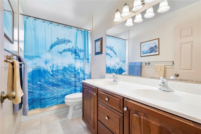 15827 Waverly Mnr, Davie, FL 33331 - full bath featuring toilet, double vanity, tile patterned floors, and a shower with shower curtain