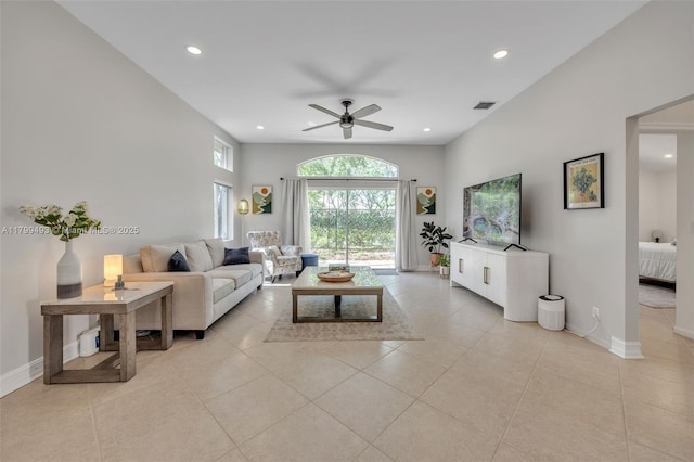 5020 Ibis Ct, Coconut Creek, FL 33073 - living area with a ceiling fan, recessed lighting, baseboards, and light tile patterned flooring