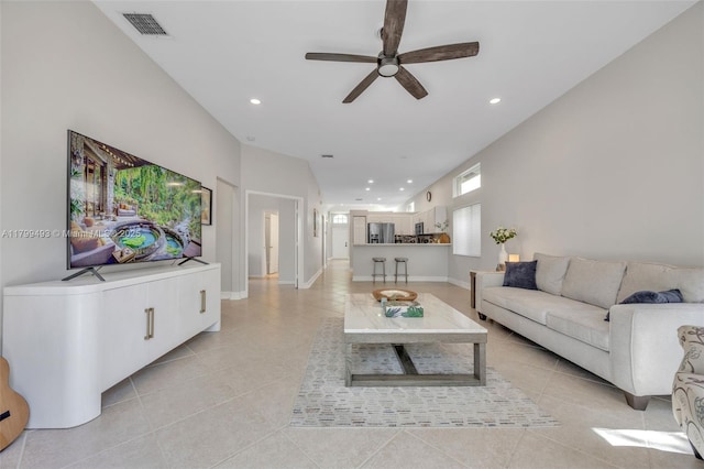 5020 Ibis Ct, Coconut Creek, FL 33073 - living room featuring light tile patterned flooring, a ceiling fan, and recessed lighting
