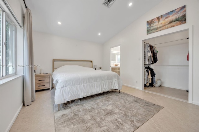 5020 Ibis Ct, Coconut Creek, FL 33073 - bedroom featuring multiple windows, lofted ceiling, tile patterned flooring, recessed lighting, and ensuite bath