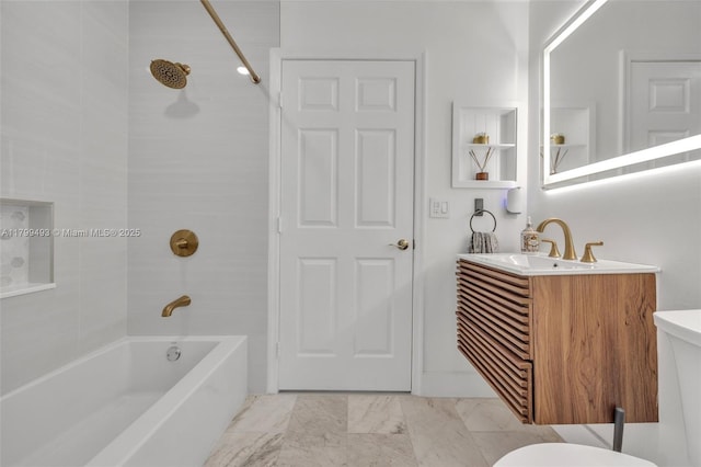 5020 Ibis Ct, Coconut Creek, FL 33073 - bathroom with toilet, shower / tub combination, marble look tile flooring, and vanity