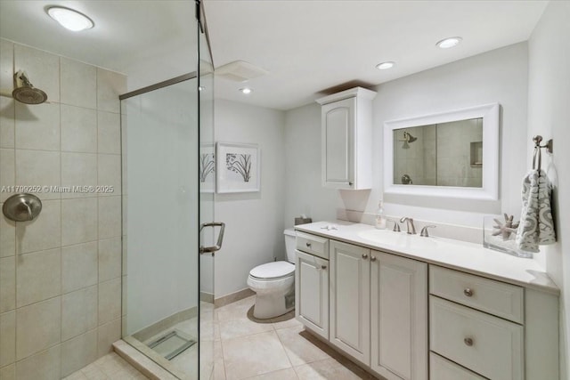 100 Golden Isles Dr Unit 1105, Hallandale Beach, FL 33009 - bathroom with a shower stall, toilet, vanity, tile patterned flooring, and recessed lighting