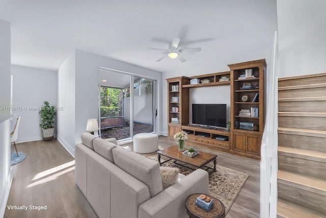 16818 SW 1st Mnr, Pembroke Pines, FL 33027 - living room featuring ceiling fan, wood finished floors, and baseboards