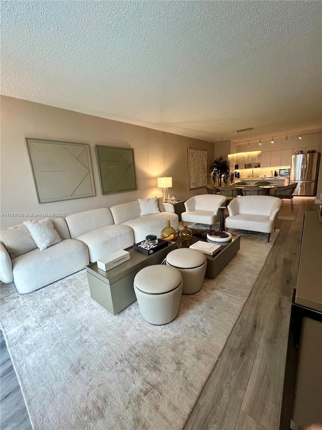 living room with wood finished floors and a textured ceiling