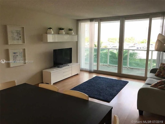 living room featuring healthy amount of natural light, expansive windows, wood finished floors, and a textured ceiling