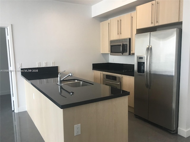 1111 SW 1st Ave Unit 2223-N, Miami, FL 33130 - kitchen with appliances with stainless steel finishes, a sink, light brown cabinetry, dark countertops, and a peninsula