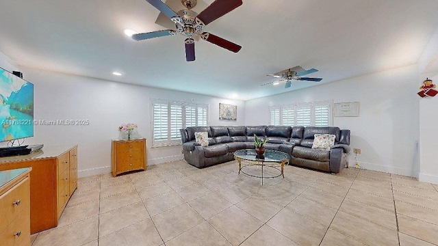 5010 SW 111th Ave, Miami, FL 33165 - living room with a ceiling fan, light tile patterned floors, baseboards, lofted ceiling, and recessed lighting