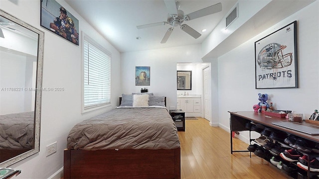 5010 SW 111th Ave, Miami, FL 33165 - bedroom with light wood-style floors, baseboards, connected bathroom, a ceiling fan, and recessed lighting