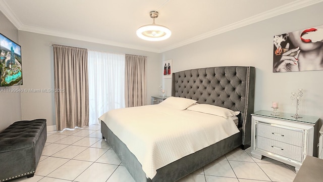 bedroom featuring ornamental molding and light tile patterned floors