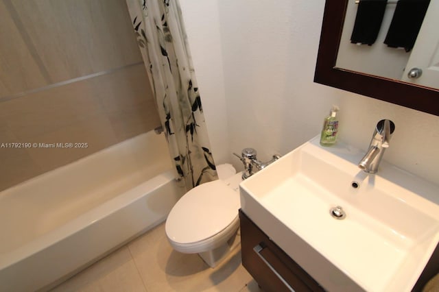 full bathroom with toilet, shower / bath combination with curtain, vanity, and tile patterned flooring