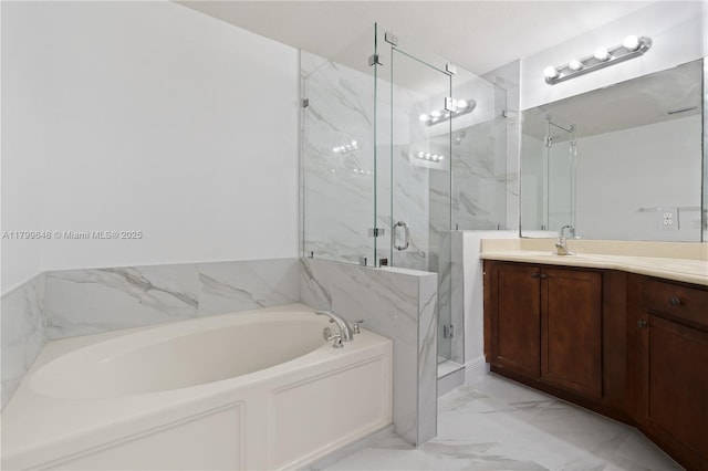 full bath with a marble finish shower, vanity, a garden tub, and marble finish floors