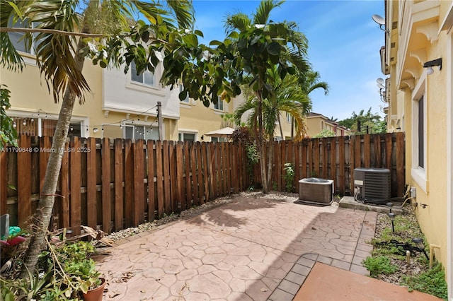 view of patio / terrace with central air condition unit and a fenced backyard