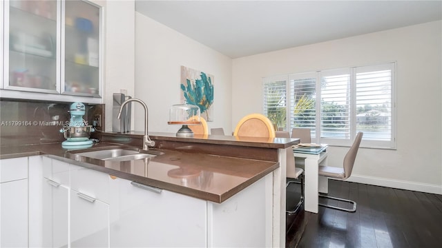 bar featuring baseboards, a sink, and dark wood finished floors