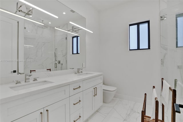 bathroom with marble look tiles, plenty of natural light, a marble finish shower, toilet, and recessed lighting