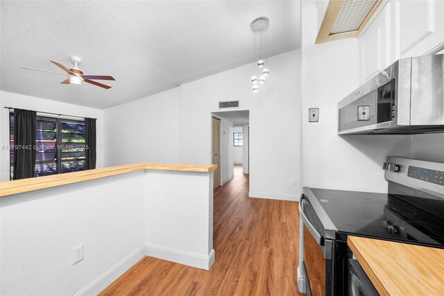 933 NE 199th St Unit 207, Miami, FL 33179 - kitchen with appliances with stainless steel finishes, butcher block countertops, light wood-style flooring, baseboards, and ceiling fan