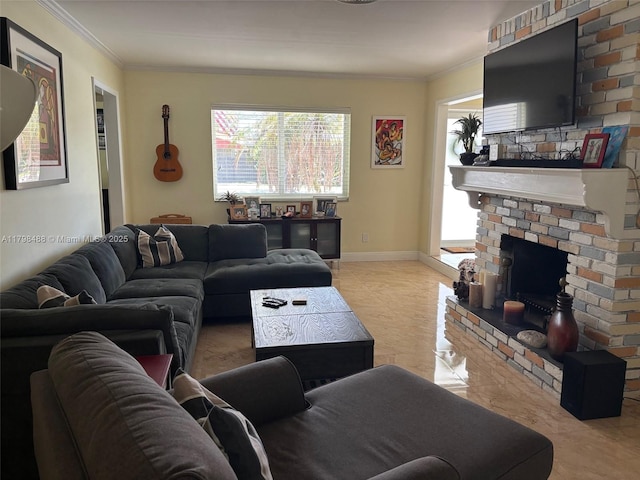 16195 SW 78th Ave, Palmetto Bay, FL 33157 - living area with plenty of natural light, crown molding, a fireplace, and tile patterned floors