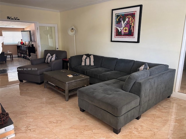 16195 SW 78th Ave, Palmetto Bay, FL 33157 - living area featuring light marble finish flooring and crown molding