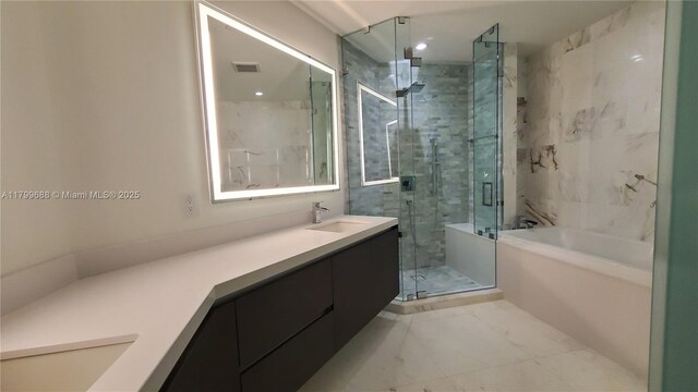 851 NE 1st Ave Unit 2208, Miami, FL 33132 - bathroom with a garden tub, vanity, a shower stall, and marble finish floors