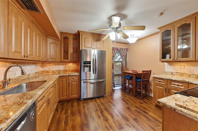 6668 Burning Wood Dr Unit 166, Boca Raton, FL 33433 - kitchen featuring appliances with stainless steel finishes, a sink, a ceiling fan, light stone counters, and dark wood-type flooring