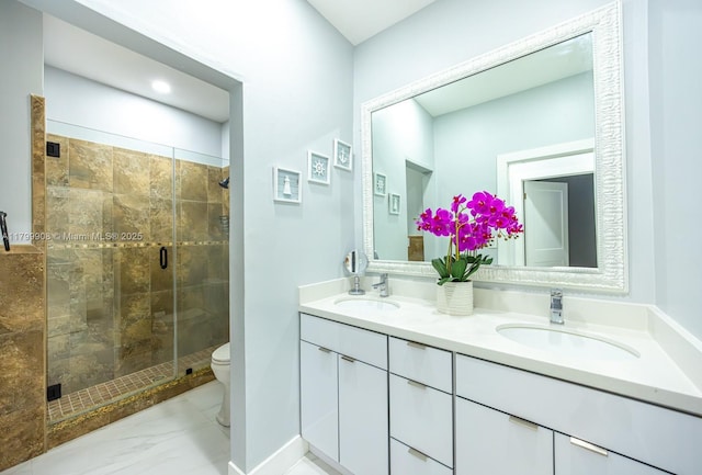 7345 N Oakmont Dr, Hialeah, FL 33015 - full bath with double vanity, a stall shower, toilet, and marble look tiles