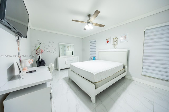 7345 N Oakmont Dr, Hialeah, FL 33015 - bedroom featuring light marble finish flooring, ornamental molding, ceiling fan, an office area, and baseboards
