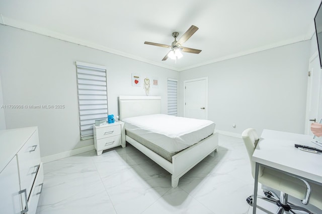 7345 N Oakmont Dr, Hialeah, FL 33015 - bedroom with light marble finish floors, ornamental molding, ceiling fan, baseboards, and an office area