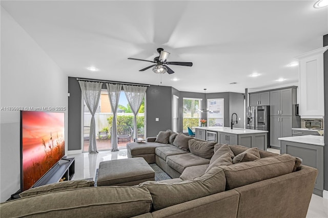 3372 SW 179th Ave, Miramar, FL 33029 - living area featuring recessed lighting, a ceiling fan, and wine cooler