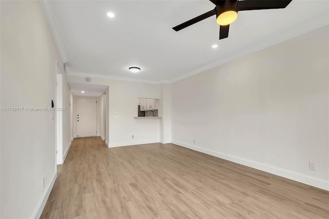 8000 SW 81st Dr Unit 103, Miami, FL 33143 - unfurnished living room featuring ornamental molding, light wood-style floors, a ceiling fan, baseboards, and recessed lighting