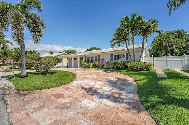 121 Tacoma Ln, Palm Beach Shores, FL 33404 - ranch-style house with a garage, curved driveway, a gate, and stucco siding